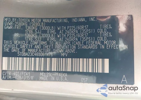 2006 Toyota Sienna Le z USA, uszkodzony, nr VIN 5TDBA23C46S061476